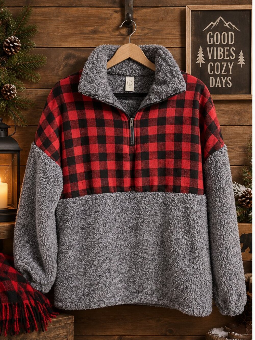 Sunshine & Rodeos Buffalo Plaid Sherpa Fleece Pullover Red Black